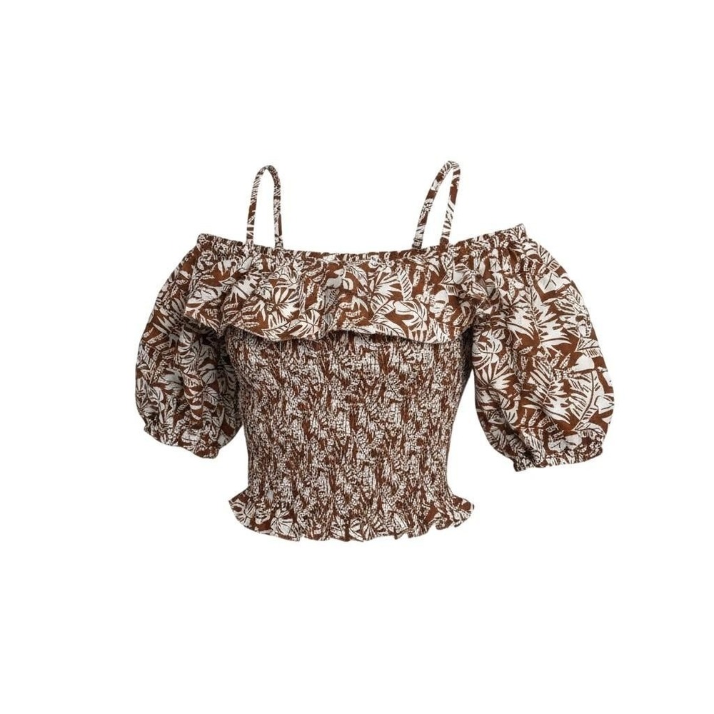 Milk & Honey Blouse Womens Medium Brown Floral Off Shoulder Smocked Crop Top